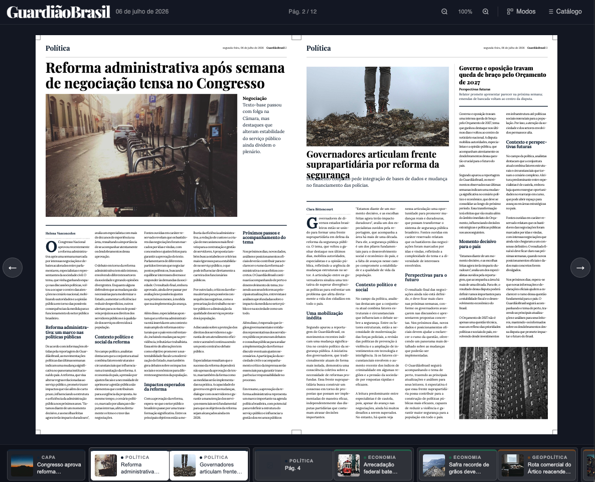 Print mode — GuardiãoBrasil double page, fully designed, on desktop