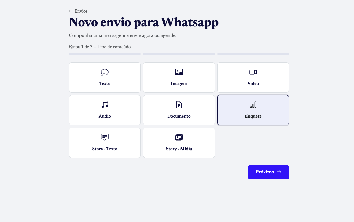 New WhatsApp send — choosing the content type, with poll selected