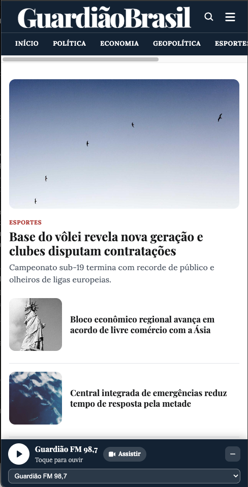 Guardião FM 98.7 player fixed to the site footer, with the navigation behind it
