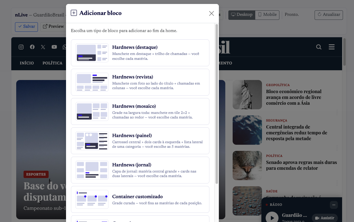 Block-based home page builder — choosing a Hardnews block over the site preview