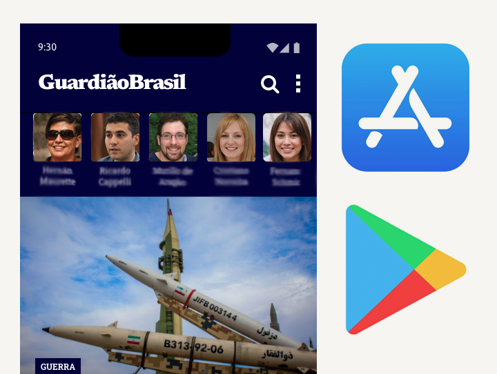 The publisher's app home with columnists and a featured article, next to the App Store and Google Play badges